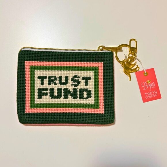 NWT Two's Company "Trust Fund" Needlepoint Coin Pouch Green Pink Velvet Preppy - Picture 3 of 8